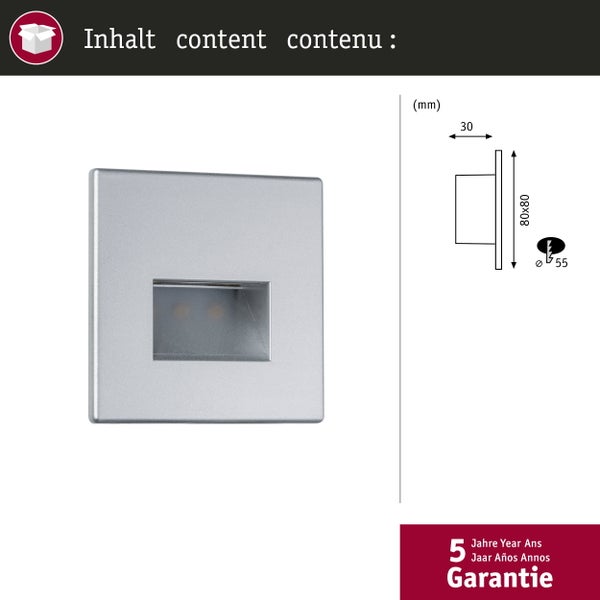 Quadratische LED Wandeinbauleuchte Edge in Silber mit warmweißem Licht zur Treppenbeleuchtung und Flurbeleuchtung.