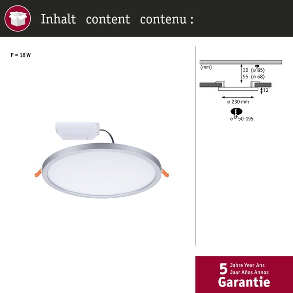 Rundes LED Einbaupanel mit 18 Watt Leistung, inklusive technischer Zeichnung der Einbaumaße und fünf Jahre Garantie.