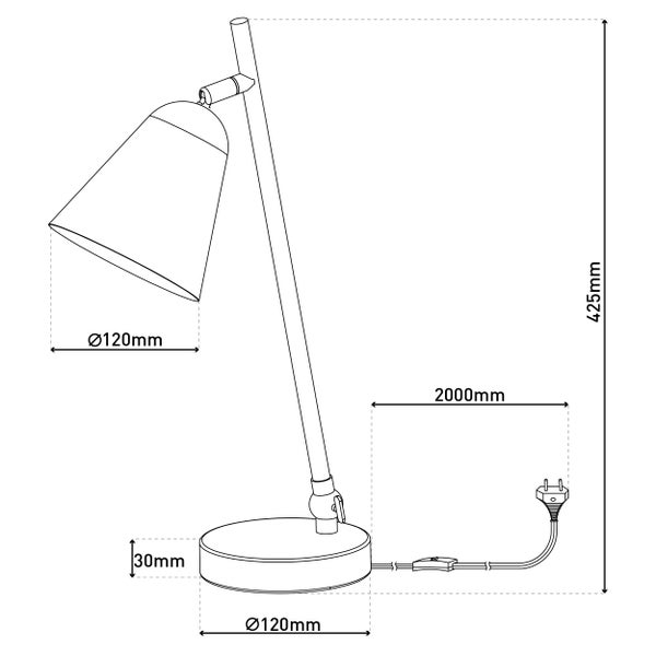 Technische Zeichnung einer Tischleuchte mit den Maßen 425 mm Höhe, 120 mm Lampenschirmdurchmesser, 120 mm Basisdurchmesser und 2000 mm Kabellänge
