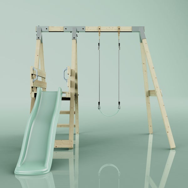 Kletterturm aus hellem Holz mit mintgrüner Wellenrutsche, kleiner Plattform und einer Schaukel für den Garten.