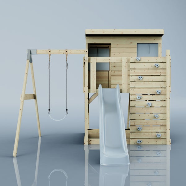 Draufsicht auf einen Spielturm aus Holz mit Rutsche und Schaukelanbau.