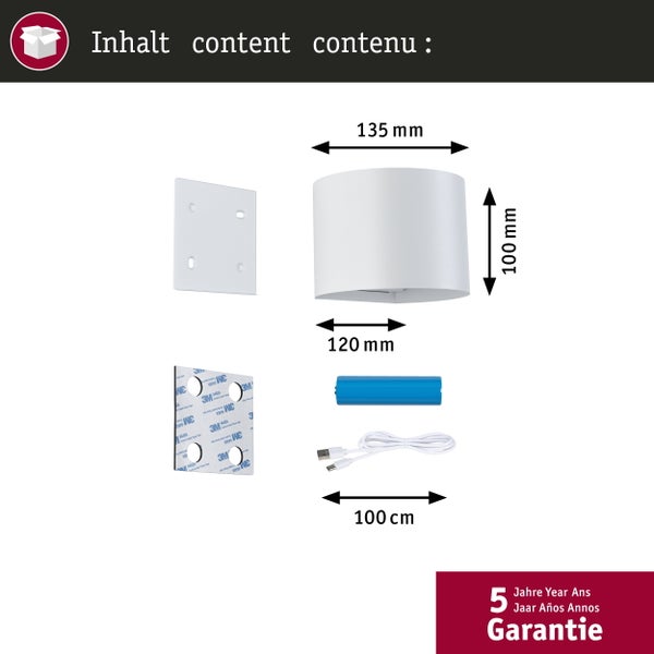 Lieferumfang einer Wandleuchte mit Montageplatte, Klebeband, Akku und USB-Ladekabel inklusive Bemaßungen und 5 Jahre Garantie.