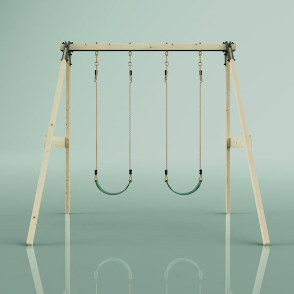 Holzschaukelgestell für den Garten mit einer Tellerschaukel am Seil.