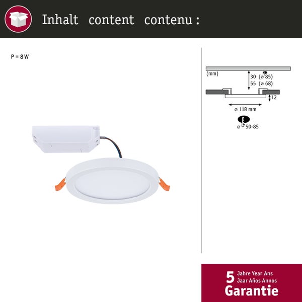 Einbaustrahler mit Anschlussbox und Maßangaben für die Deckenmontage inklusive 5 Jahre Garantie