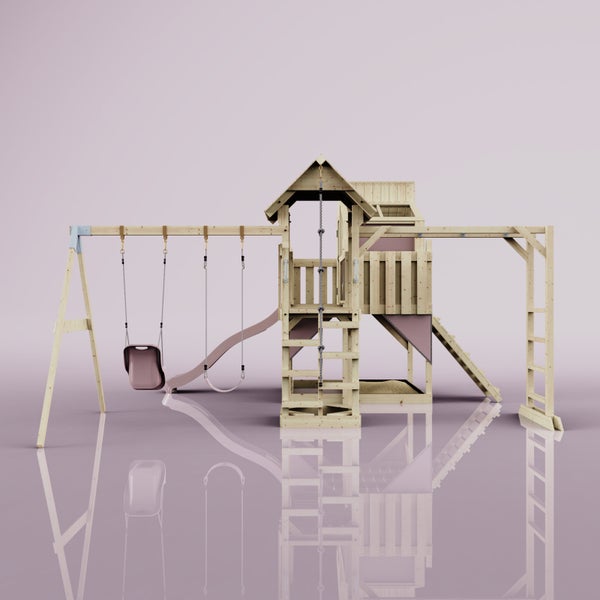 Holzspielplatz mit Schaukel, Rutsche, Kletterwand und Sandkasten