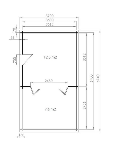 Technischer Grundriss eines Gartenhauses mit zwei Räumen von 12,3 und 9,6 Quadratmetern, Außenmaße 3900 mal 6740 Millimeter.