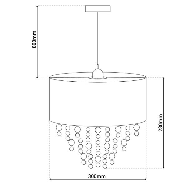 Technische Zeichnung einer Hängeleuchte mit den Maßen 800 mm Höhe, 230 mm Lampenschirmhöhe und 300 mm Durchmesser.
