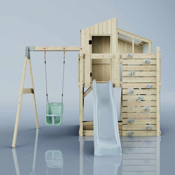 Spielturm aus Holz mit Schaukel, Rutsche und Kletterwand