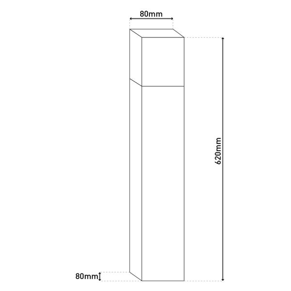 Abbildung eines rechteckigen Pfostens mit den Maßen 80 mm x 80 mm x 620 mm.