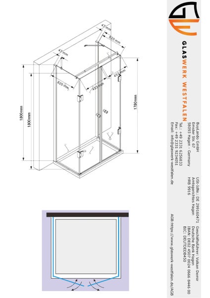 Technische Zeichnung einer Duschkabine mit Maßangaben