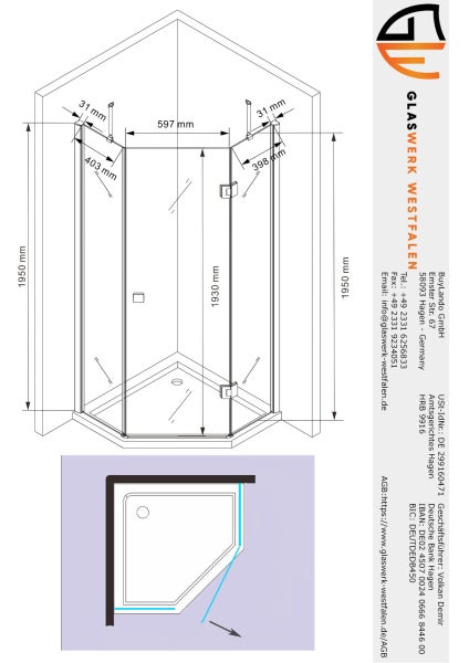 Technische Zeichnung einer Eckdusche mit Maßangaben