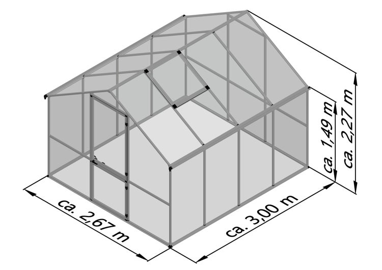 Gewächshaus mit Maßangaben: Breite circa 2,67 Meter, Länge 3,00 Meter, Seitenhöhe 1,49 Meter, Firsthöhe 2,27 Meter.