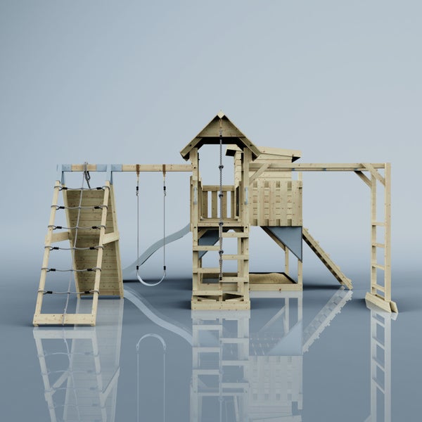 Holzspielplatz mit Turm, Rutsche, Schaukel und Kletterwand