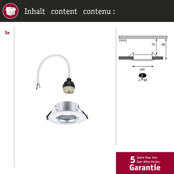 Dreier Set Einbauleuchten mit Fassung und Maßskizze sowie fünf Jahren Garantie.