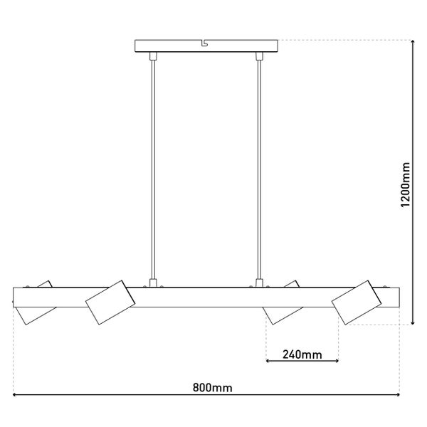 Technische Zeichnung einer Hängeleuchte mit den Maßen 800 mm Länge und 1200 mm Höhe.