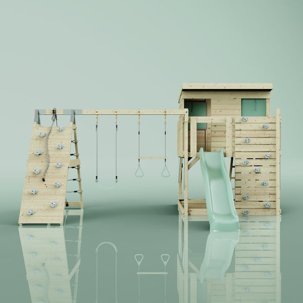 Spielturm aus Holz mit Wellenrutsche, Doppelschaukel, Sandkasten und Kletternetz.