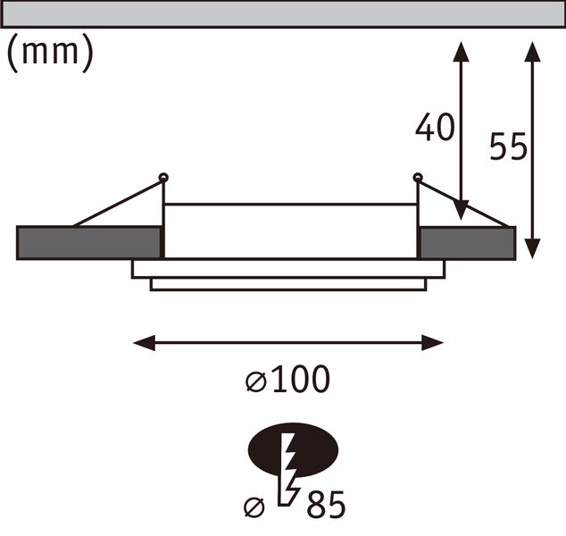 Technische Zeichnung mit Einbaumaßen für einen Einbaustrahler, Durchmesser 100 Millimeter, Ausschnitt 85 Millimeter, Einbautiefe 40 bis 55 Millimeter.
