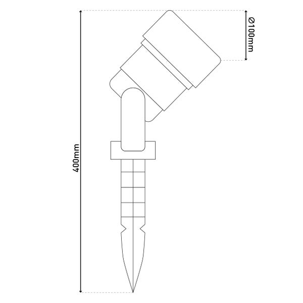Illustration einer Gartenleuchte mit Erdspieß, Abmessungen: 400 mm Länge, 100 mm Durchmesser