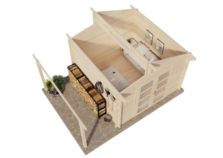 Wohnzimmer mit floraler Tapete, Sessel und Schrank