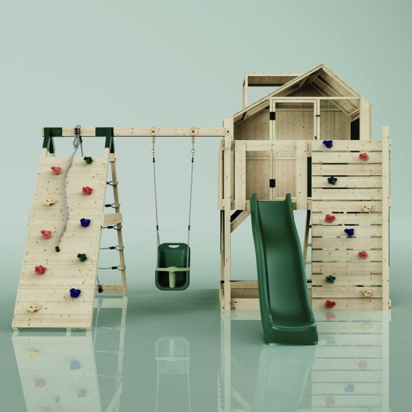 Spielturm aus Holz mit Rutsche, Schaukel und Kletterwand