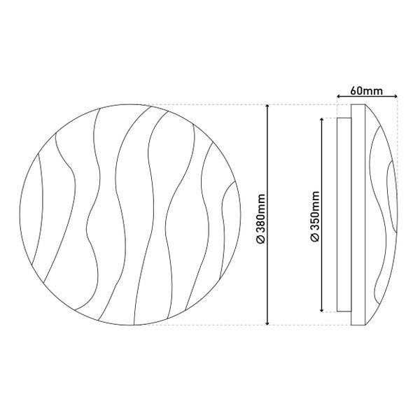 Technische Zeichnung eines runden Spiegels mit den Massen Durchmesser 380 mm, Durchmesser Spiegelfläche 350 mm und Tiefe 60 mm