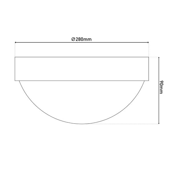Technische Zeichnung einer Wandleuchte mit den Maßen 280 mm Durchmesser und 90 mm Höhe