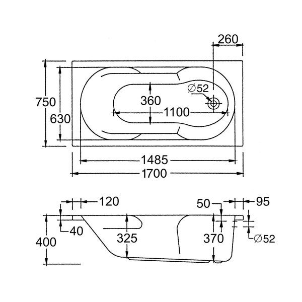Technische Zeichnung einer Badewanne mit Maßangaben