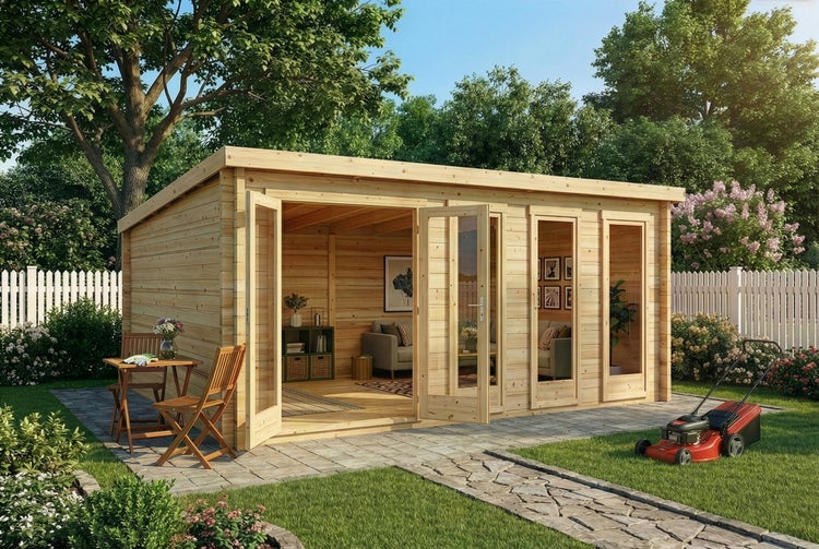 Modernes Gartenhaus aus Holz mit Flachdach, großen Glastüren und Fenstern, eingerichtet als Wohnraum im Garten mit Sitzgruppe und Rasenmäher.