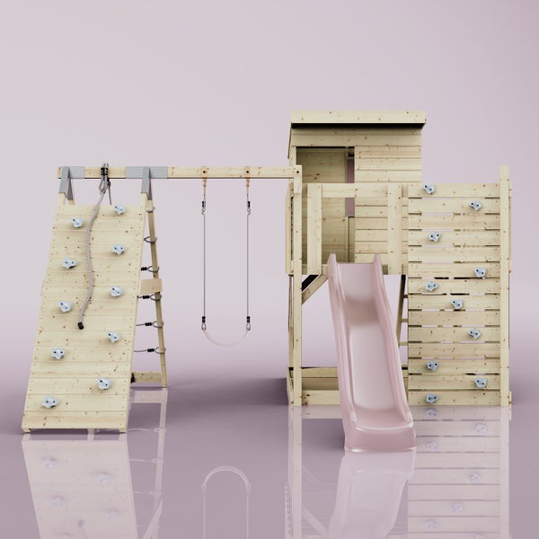 Spielturm aus Holz mit Rutsche, Dach, Kletterleiter und integriertem Sandkasten.