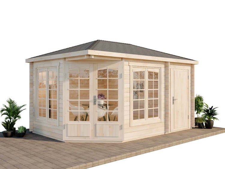 Modernes Eckgartenhaus aus Holz mit Walmdach, Doppeltür und Fenstern, geeignet als Gartenlaube oder Freizeithaus im Garten.