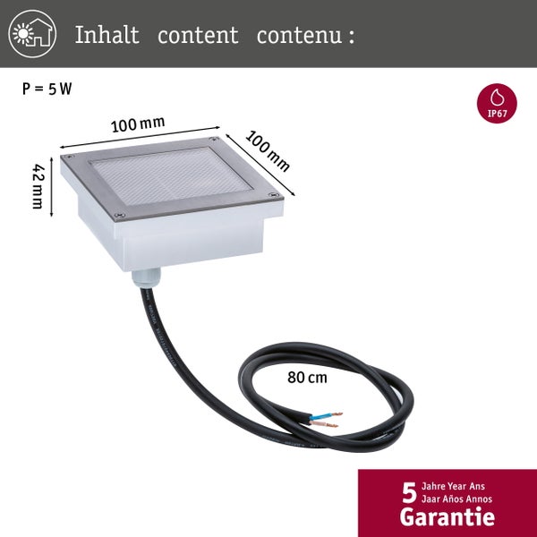 Quadratische LED Bodeneinbauleuchte mit 5 Watt Leistung und IP67 Schutzart sowie Maßangaben und 5 Jahren Garantie