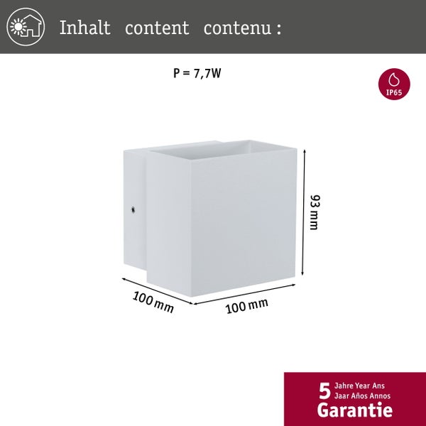 Quadratische Außenwandleuchte mit 7,7 Watt Leistung, Schutzart IP65, 100 Millimeter Breite und 93 Millimeter Höhe, inklusive 5 Jahre Garantie