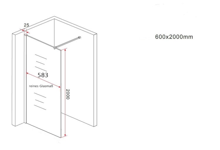 Technische Zeichnung einer Duschkabine mit den Maßen 600 x 2000 mm.