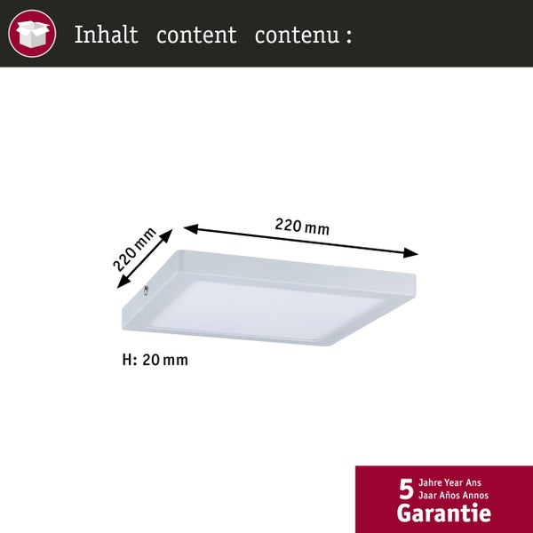 Produktverpackung eines LED Einbaustrahlers von Paulmann mit technischen Daten, Einbaumaßen, IP44 Spritzwasserschutz und Barcode.