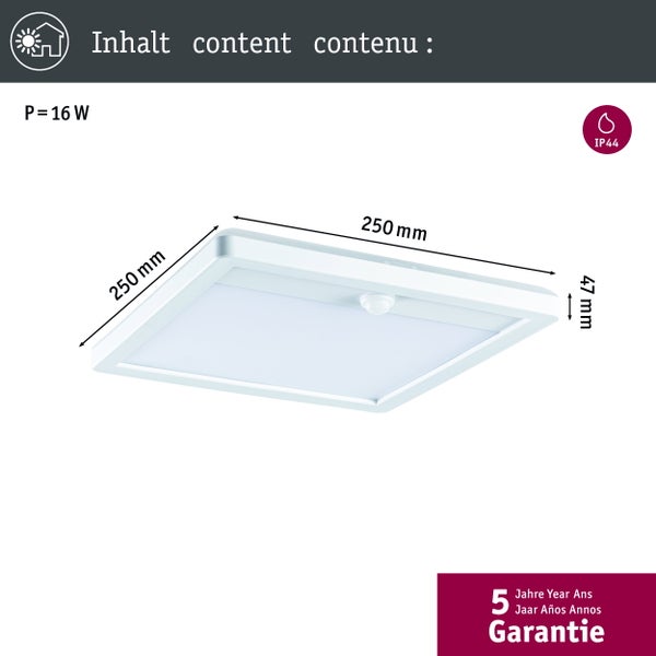 Quadratische LED Deckenleuchte mit Bewegungsmelder, 16 Watt, Schutzart IP44, Abmessungen 250 mal 250 mal 47 Millimeter, 5 Jahre Garantie.