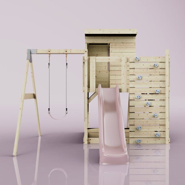 Spielturm aus Holz für Kinder mit Spielhaus, Schaukel, rosa Rutsche und Kletterwand.