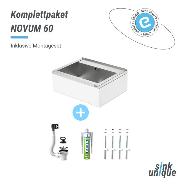 Waschbecken-Komplettpaket Novum 60 mit weißem Unterschrank, Edelstahlbecken, Siphon, Montageset, Qualitätssiegel und sink unique Logo.