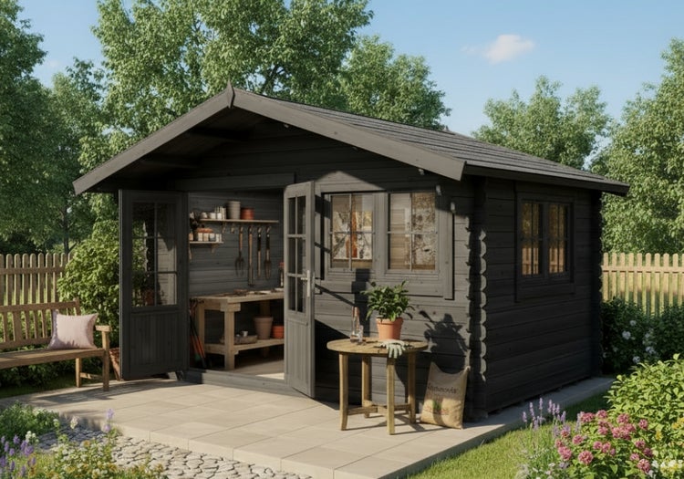Holzgartenhaus mit geöffneten Türen, Gartenmöbeln und Werkzeugen