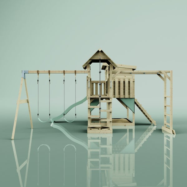 Spielturm aus Holz mit Schaukel und Rutsche