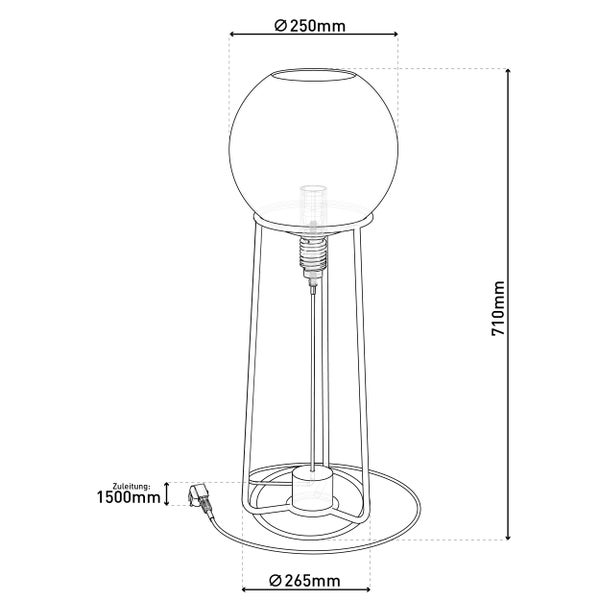 Technische Zeichnung einer Stehleuchte mit den Maßen: 710 mm Höhe, 250 mm Durchmesser der Kugel, 265 mm Durchmesser des Sockels und 1500 mm Zuleitung.