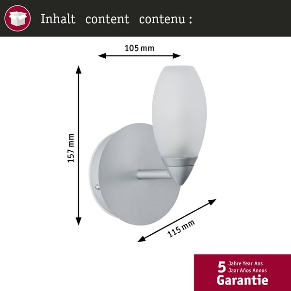 Technische Zeichnung einer Wandleuchte mit Maßangaben von 105 mm Breite, 157 mm Höhe und 115 mm Tiefe sowie Hinweis auf 5 Jahre Garantie.