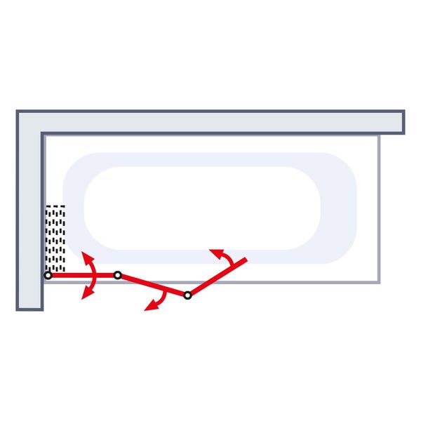 Schematische Darstellung eines Badewannen-Spritzschutzes mit Schwenkmechanismus