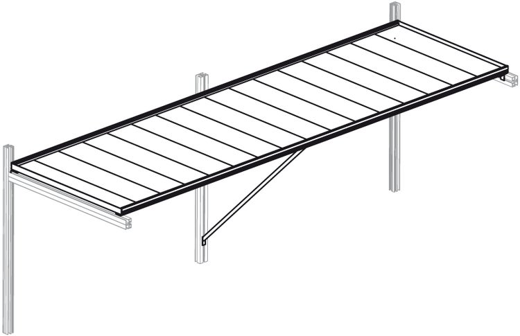 Zeichnung eines Regalboden-Elements mit Stützpfosten und Strebe für ein Gerätehaus oder Lagersystem.