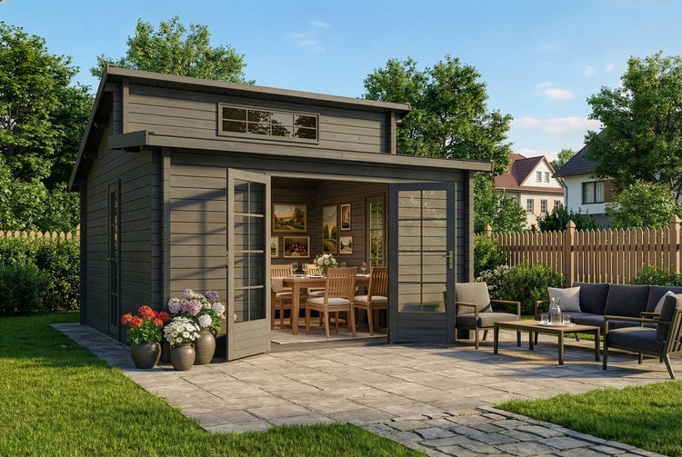 Modernes Gartenhaus aus grauem Holz mit Doppelflügeltür aus Glas, innenliegendem Essbereich und gepflasterter Terrasse mit Loungemöbeln.