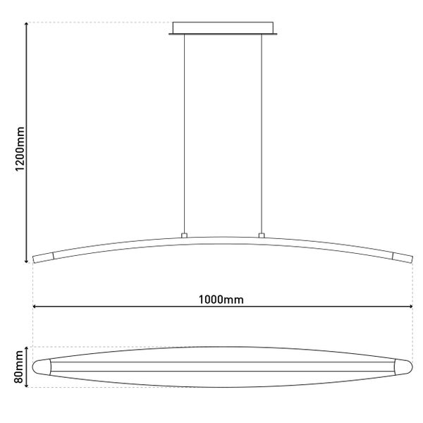 Technische Zeichnung einer LED-Hängeleuchte mit den Maßen 1200 mm Höhe, 1000 mm Breite und 80 mm Durchmesser