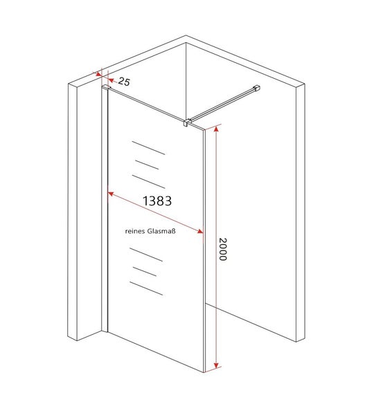 Technische Zeichnung einer Duschwand mit Maßangaben