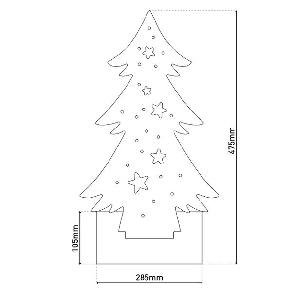 Abmessungen einer Dekofigur Tannenbaum mit Sternen und Kreisen, 475 mm hoch, 285 mm breit