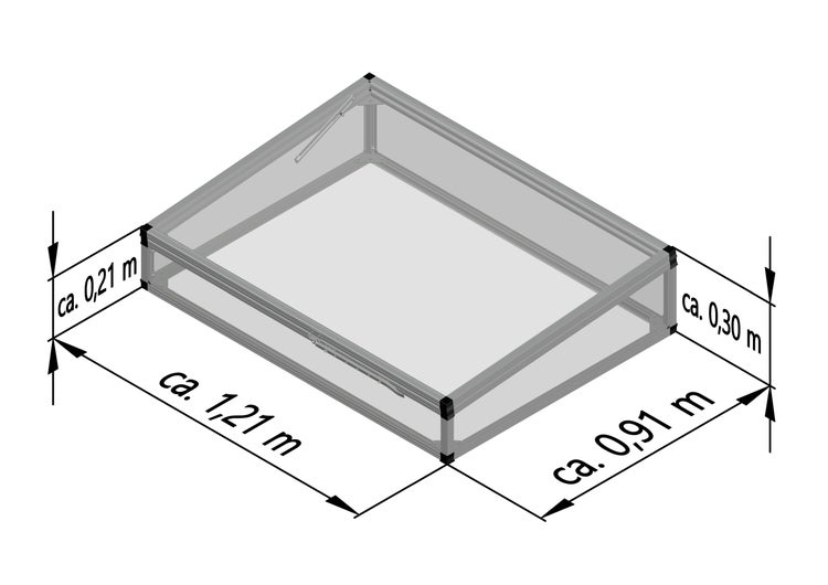 Frühbeet-Aufsatz aus Aluminium mit transparenten Wänden. Maße: circa 1,21 Meter Länge, 0,91 Meter Breite, Höhe circa 0,21 Meter bis 0,30 Meter.