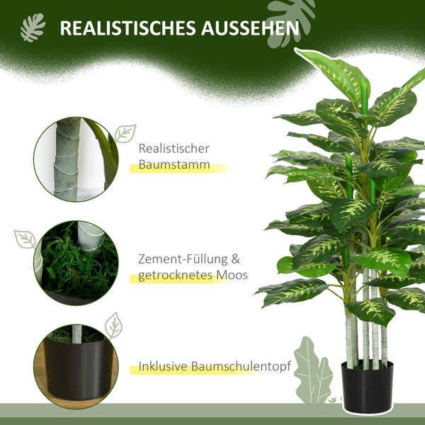 HOMCOM Künstliche Dieffenbachie groß 120 cm Kunstpflanze, Künstliche Pflanzen Dieffenbachie im Topf, Kunstbaum wie echt mit Kunstgras für Wohnzimmer Schlafzimmer Deko Garten