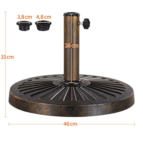 Sonnenschirmständer in Bronze-Optik mit Maßen: Durchmesser 46 Zentimeter, Höhe 33 Zentimeter und Adapter für 3,8 und 4,8 Zentimeter.